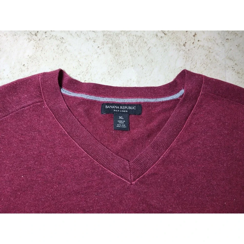 Banana Republic Cranberry V-Neck Mens Sweater Silk Linen‎ Long Sleeve XL